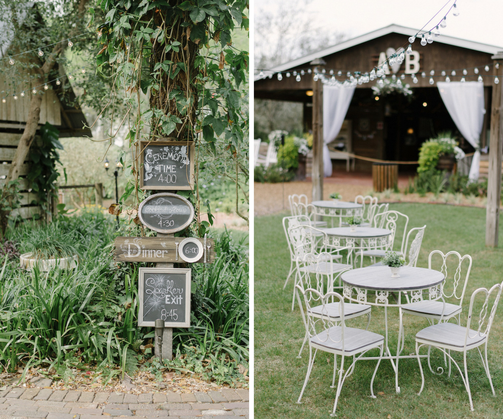 Rustic Outdoor Wedding at Tampa Bay Wedding Venue Cross Creek Ranch with White Iron Patio Furniture and Chalk Directional Signs