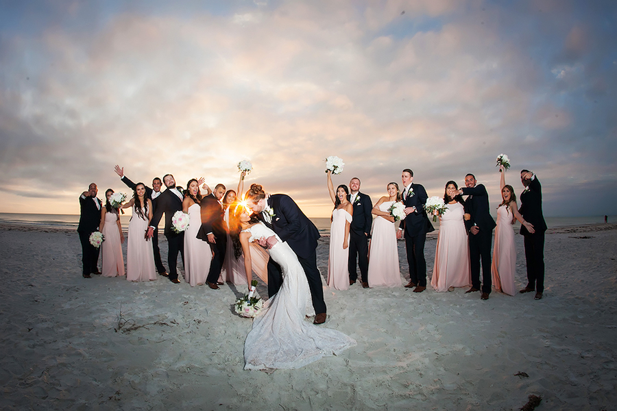 Beachfront St Pete Bridal Party Wedding Portrait | Blush Pink Bridesmaids Dresses and White Lace Mermaid Wedding Dress with Ivory and Blush Pink Wedding Bouquet | St Petersburg Beach Wedding Photographer Limelight Photography