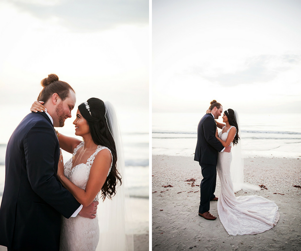St Pete Bride and Groom Beach Wedding Portrait with Lace Mermaid Wedding Gown and Cathedral Veil | St Petersburg FL Wedding Photographer Limelight Photography