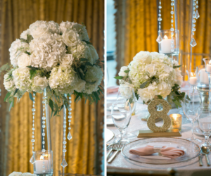 White and Gold Wedding Reception with Tall White Hydrangea Centerpieces and Gold Chiavari Chairs with White and Blush Linens and Gold Table Numbers | Rentals A Chair Affair | Linens by Gabro Event Services | Wedding Venue The Tampa Club | Tampa Wedding Photographer Carrie Wildes Photography | Tampa Wedding Florist Northside Florist