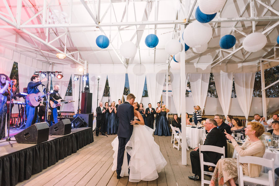 Bride and Groom First Dance Wedding Portrait and Live Band and Blue and White Paper Lanterns | Linens by Over The Top Rental Linens | Tampa Bay Wedding Venue Hilton Clearwater Beach
