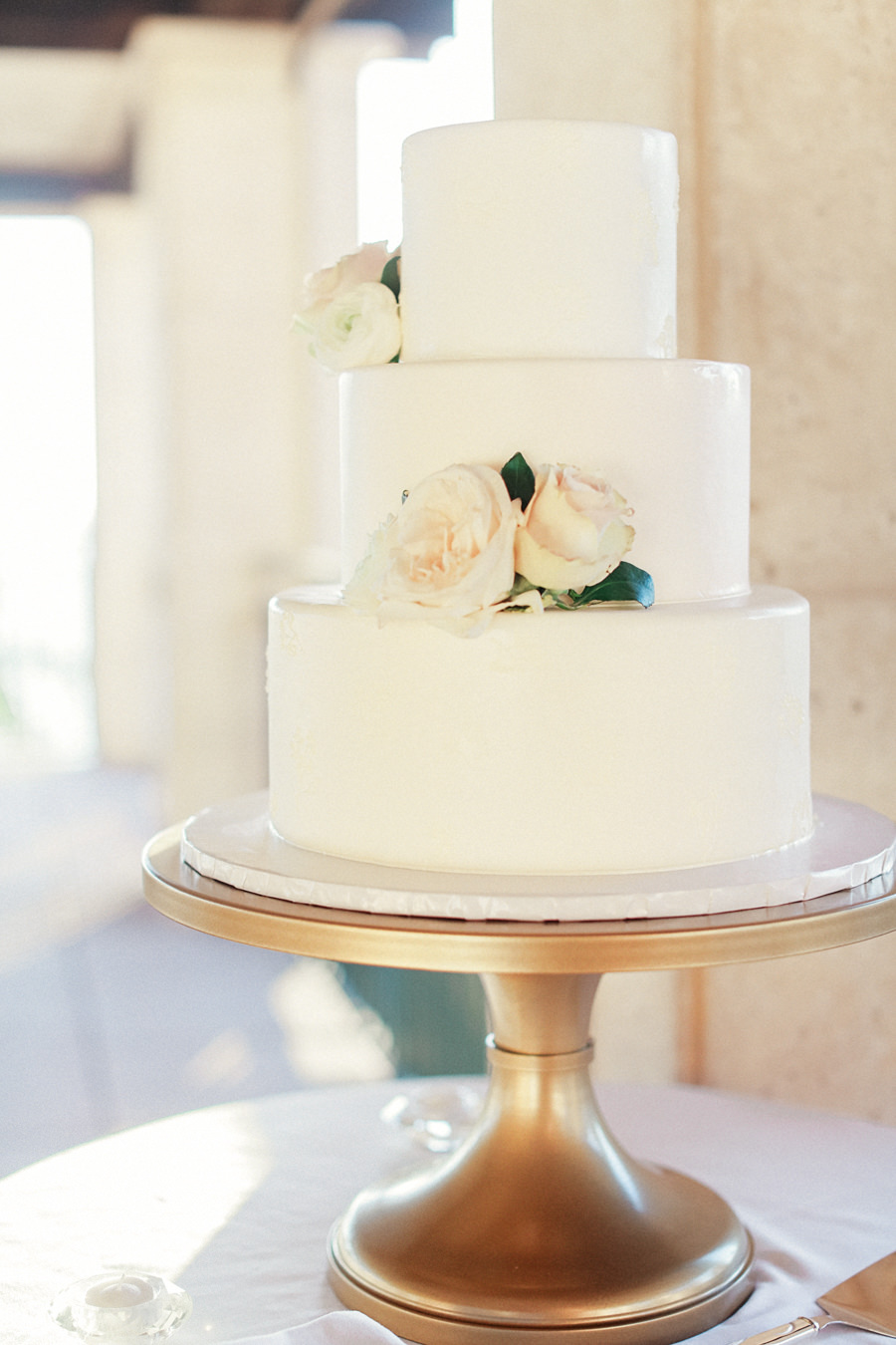 Three Tiered Round White Wedding Cake with Fresh Roses | Traditional Wedding Cake