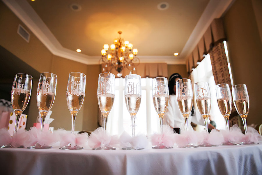 Bridal Party Getting Ready Champagne Flutes with Light Pink Tulle Bows | Wedding Getting Ready Details | St Pete Wedding Photographer Limelight Photography