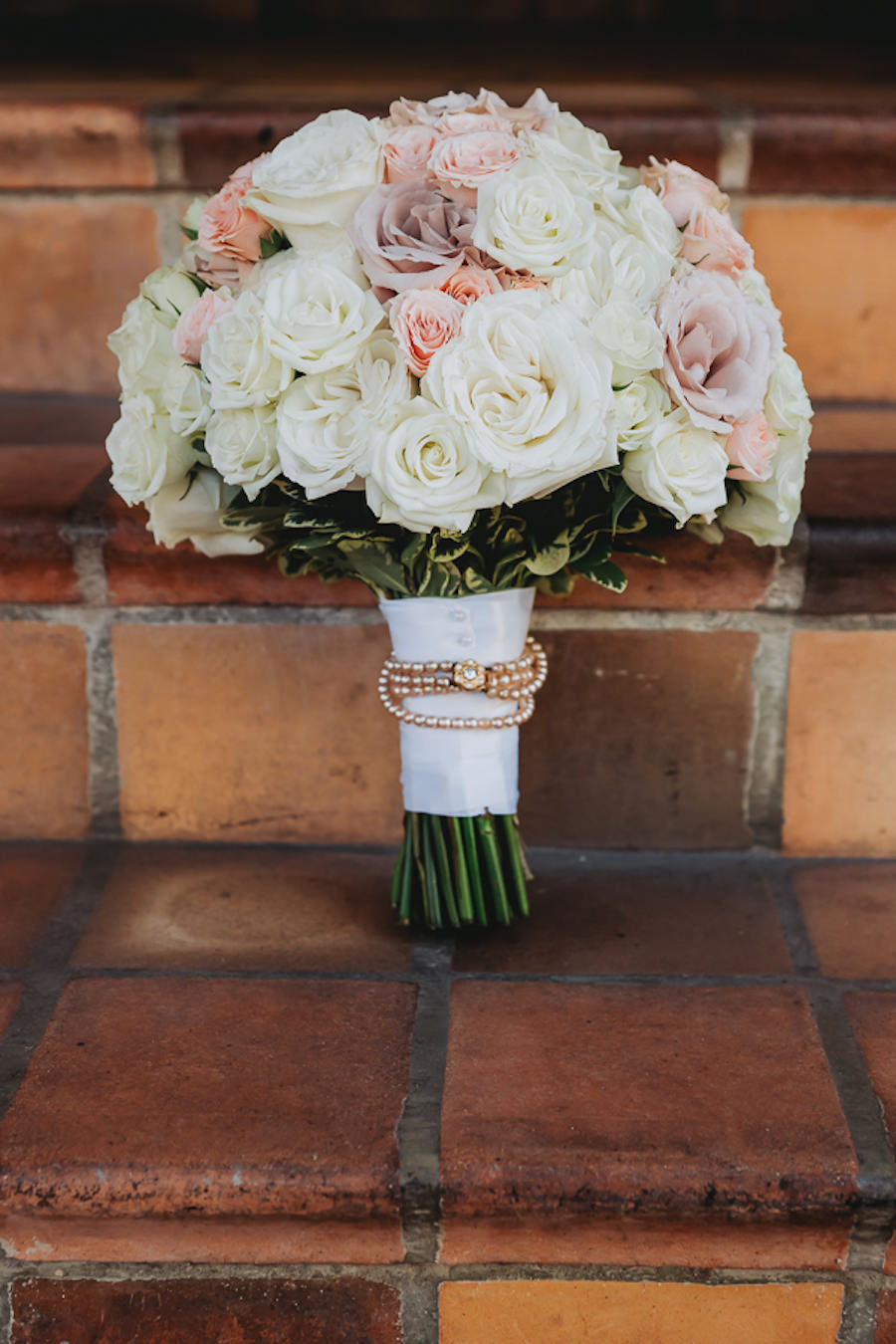 White Rose with Purple Lavender and Peach Wedding Bouquet