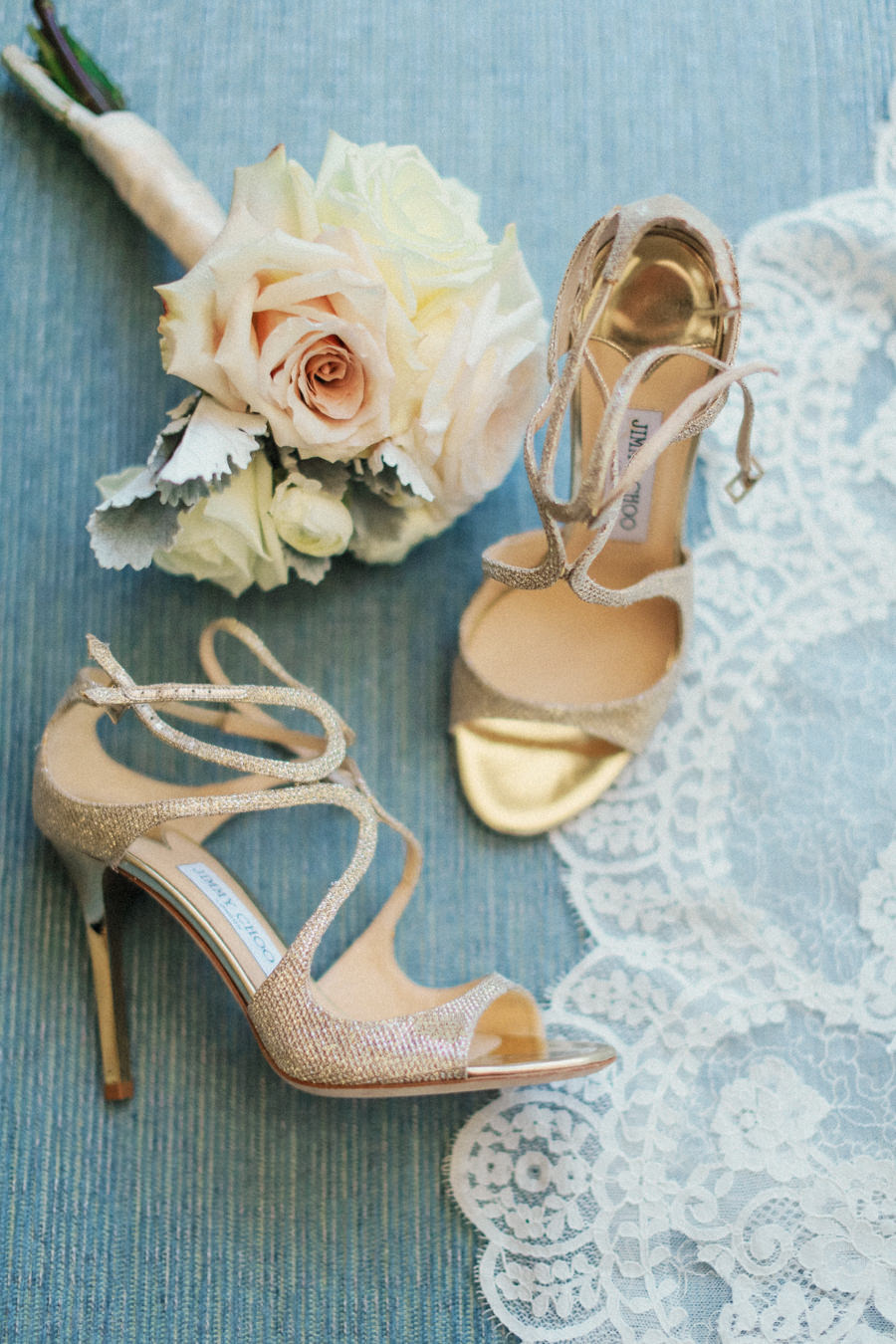 Bridal Champagne Gold Open Toed Jimmy Choo Wedding Shoes with Bridal Bouquet Portrait
