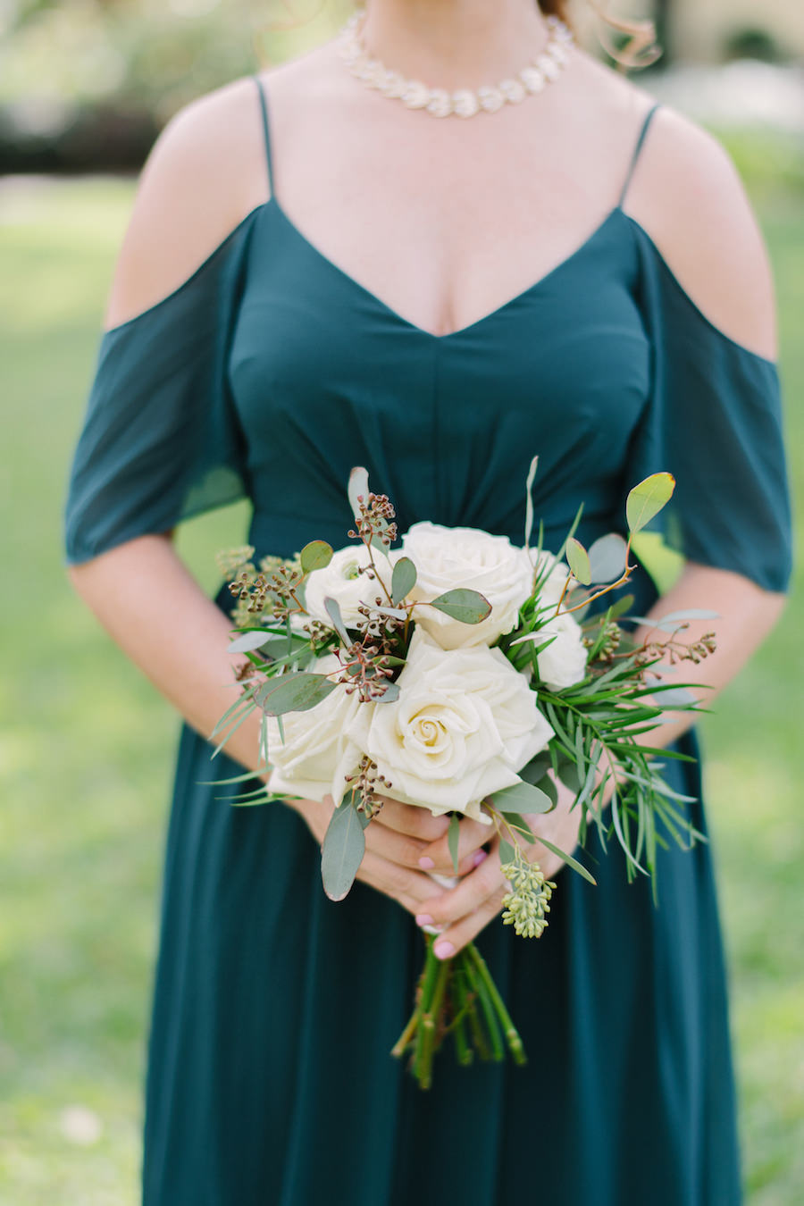 Hunter Green Chiffon Bridesmaids Dress from LuLus.com with Ivory Rose and Eucalyptus Wedding Bouquet
