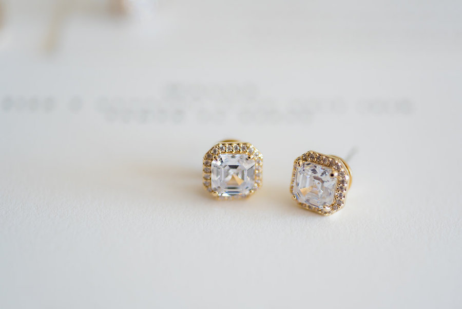 Diamond Cushion Cut Stud Earrings with Yellow Gold Halo | Gold Diamond Wedding Jewelry | Tampa Wedding Photographer Kera Photography