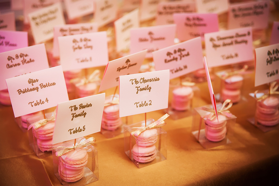 Light Pink Macaron Wedding Favors with Gold Place Cards | St Pete Wedding Photographer Limelight Photography