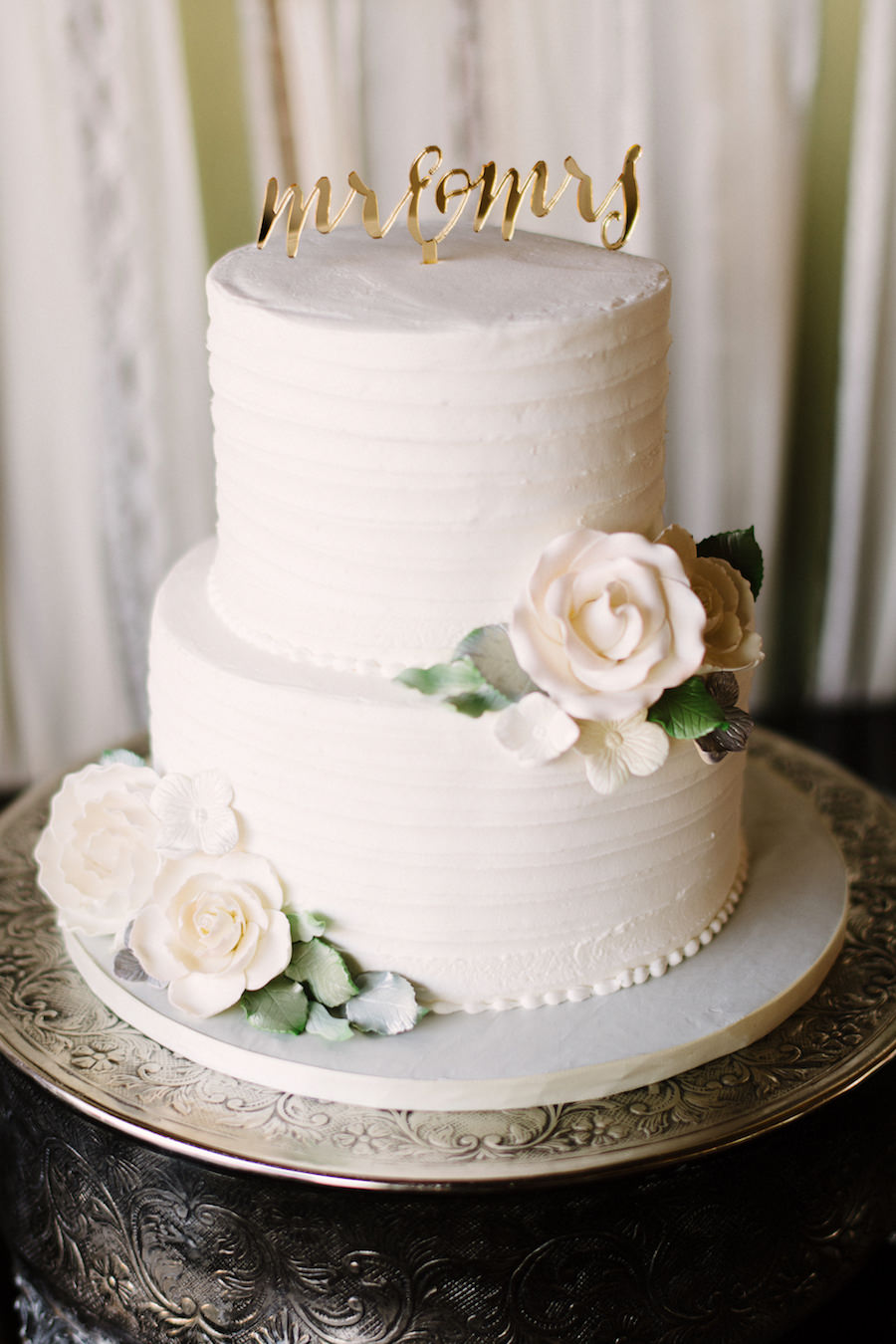 Two Tier Round White Wedding Cake with Ivory Sugar Roses with Mr and Mrs Rustic Cake Topper by Tampa Bay Wedding Bakery Alessi Bakery
