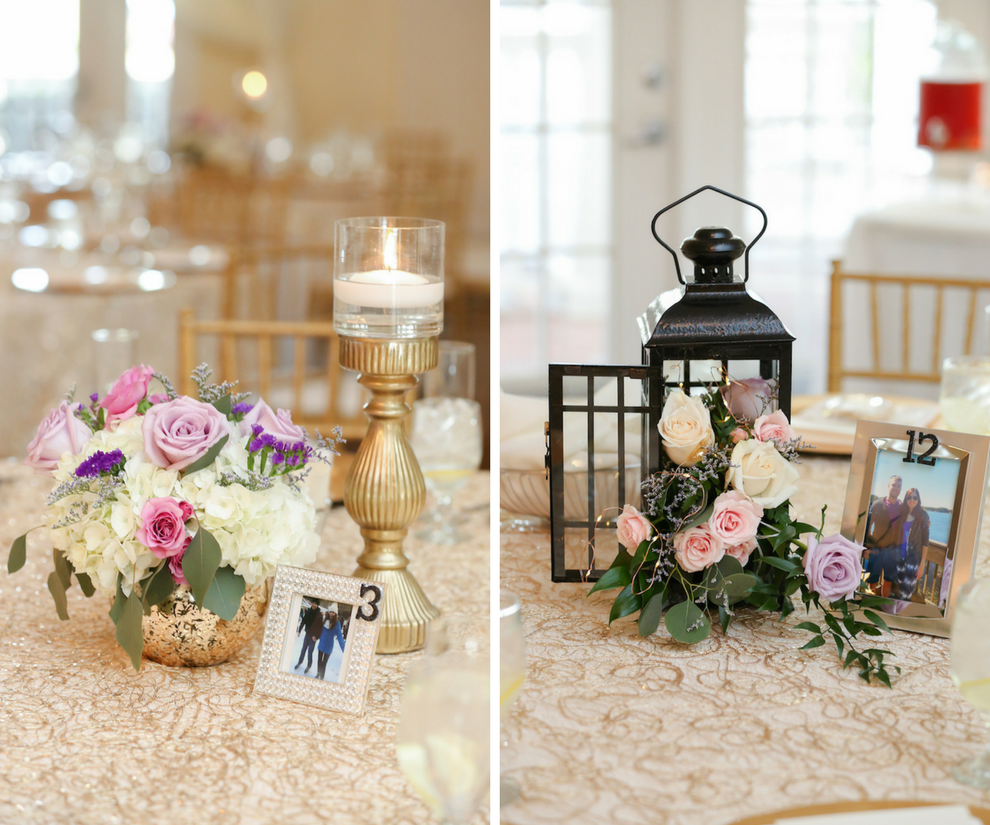 Rustic Elegant Wedding Reception Decor with Lanterns and Picture Table Numbers | Rose and Hydrangea Centerpieces by Tampa Bay Wedding Florist Northside Florist