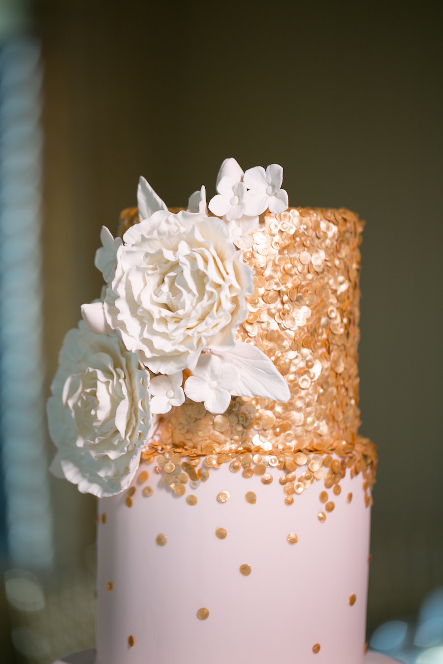 Blush, Gold and Ivory Five Tier Round Wedding Cake with Ivory Sugar Flowers and Gold Confetti Accents | Tampa Wedding Bakery Hands on Sweets | Tampa Bay Wedding Photographer Carrie Wildes Photography