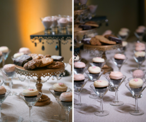 Wedding Dessert Table with Cookies on Gold and Crystal Platter and Mini Blush and Ivory Cupcakes in Mini Martini Glasses | Tampa Bay Wedding Photographer Carrie Wildes Photography
