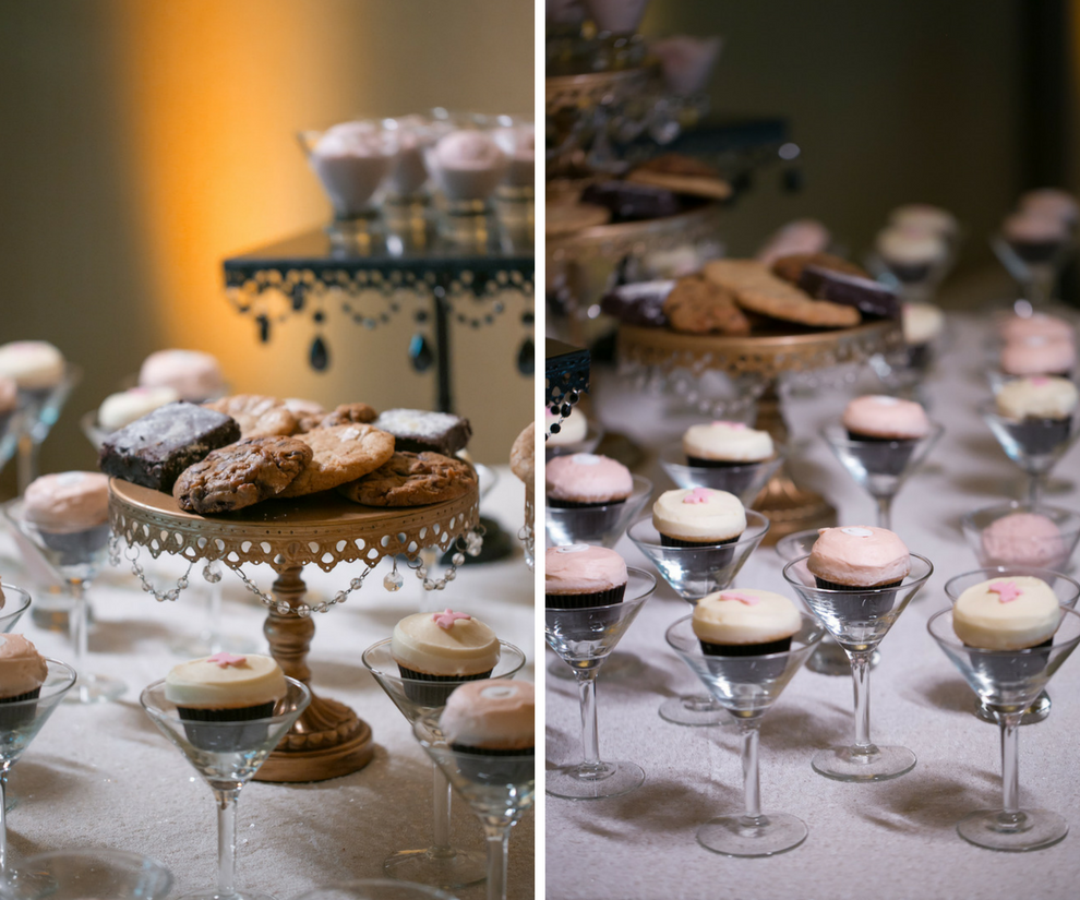 Wedding Dessert Table with Cookies on Gold and Crystal Platter and Mini Blush and Ivory Cupcakes in Mini Martini Glasses | Tampa Bay Wedding Photographer Carrie Wildes Photography