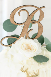 Wooden Initial Wedding Cake Topper with Greenery | Rustic, Country Wedding Reception Decor Inspiration
