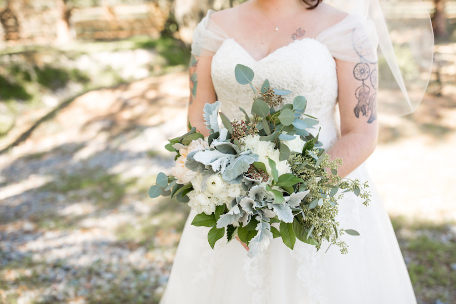 Florida Bridal Wedding Portrait with Ivory and Greenery Bridal Bouquet