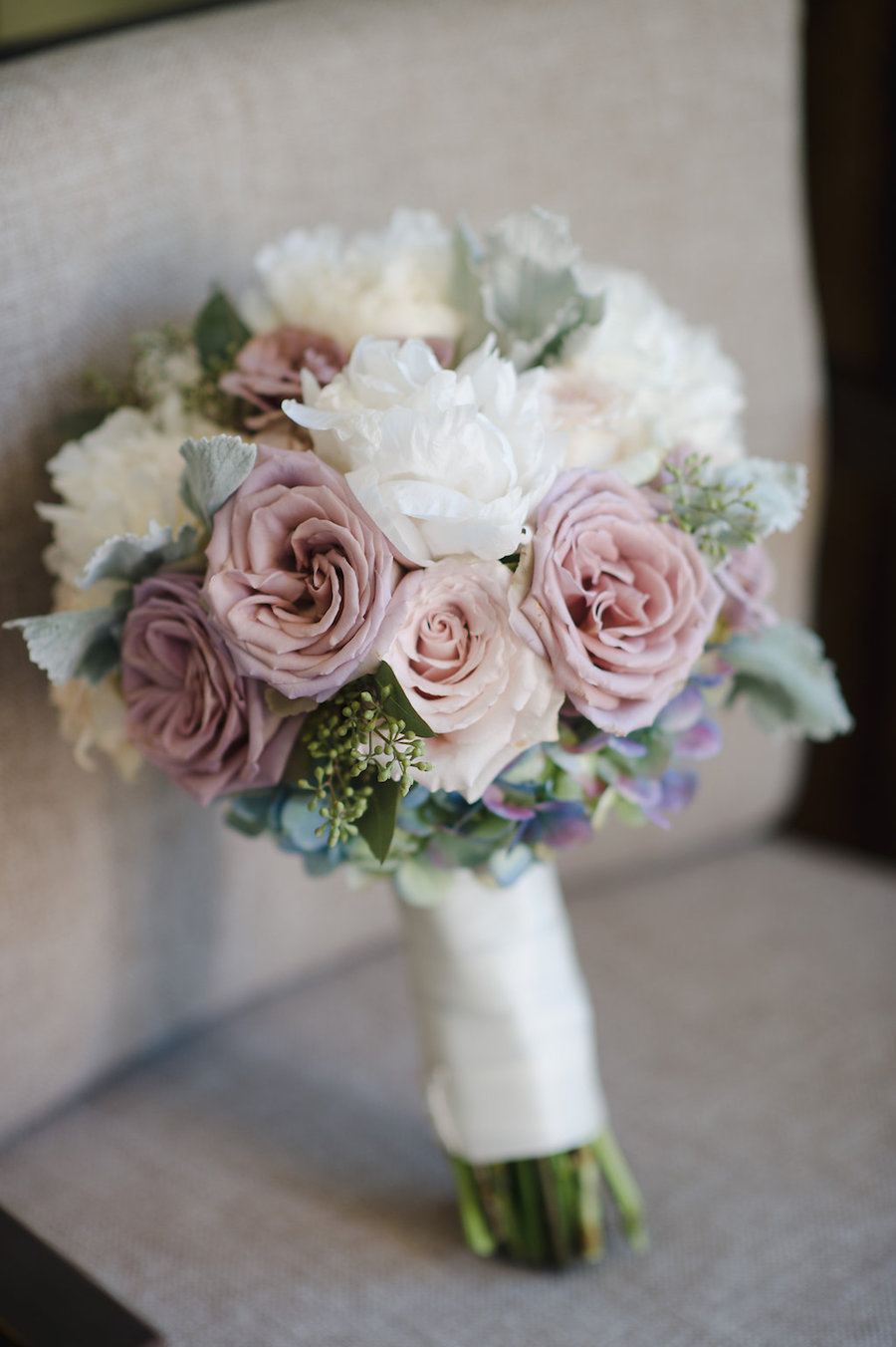 White and Blush Pink Dusty Rose Wedding Bouquet with Succulents and Greenery