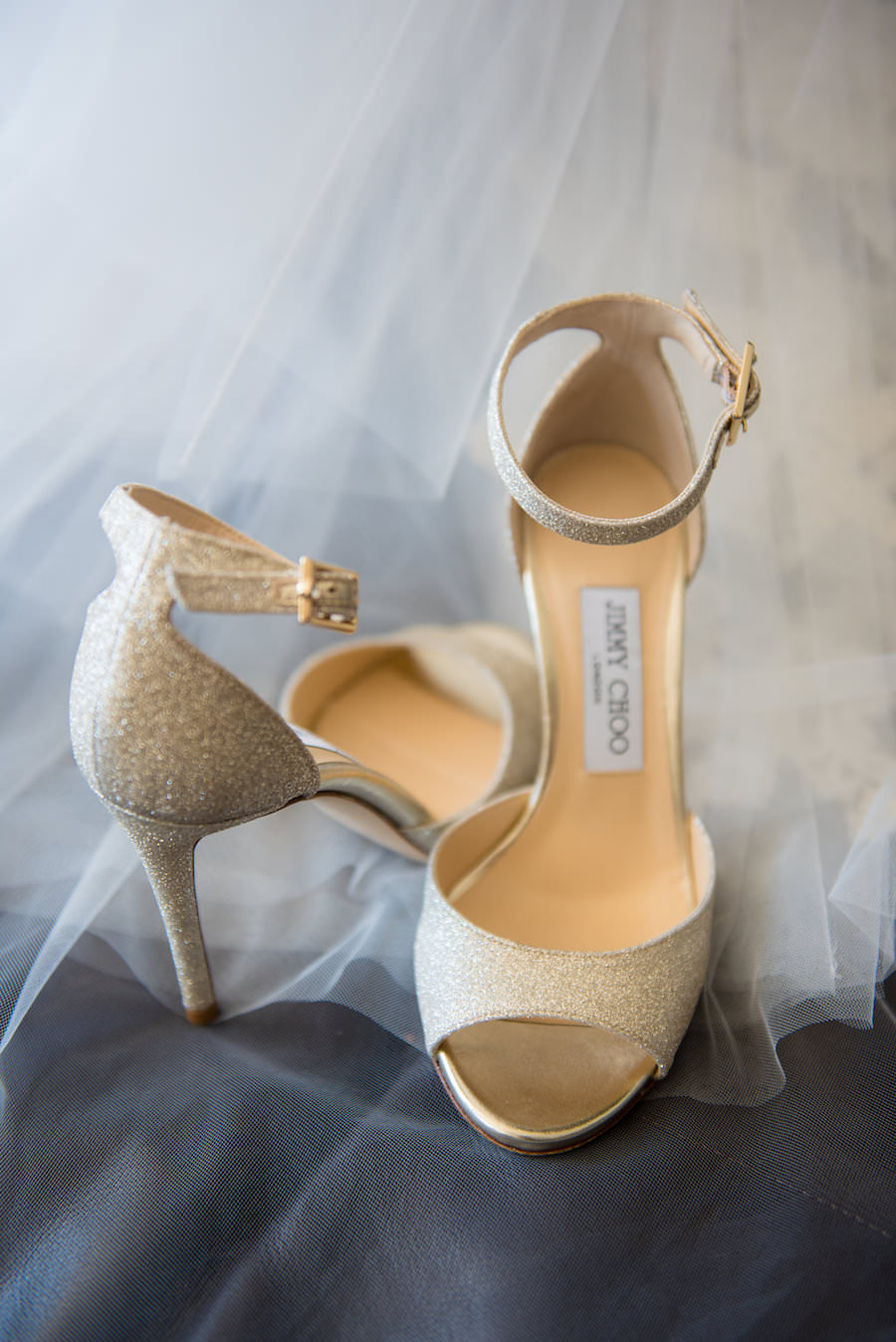 Light Gold Sparkly Jimmy Choo Wedding Shoe with Ankle Strap | Tampa Wedding Photographer Kera Photography