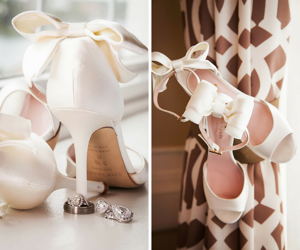White Satin Peeptoe Wedding Shoe with Ankle Bow Detail and Wedding Rings | Kate Spade New York Izzie Bow-back Satin D'Orsay Pump In Ivory | St Pete Wedding Photographer Limelight Photography