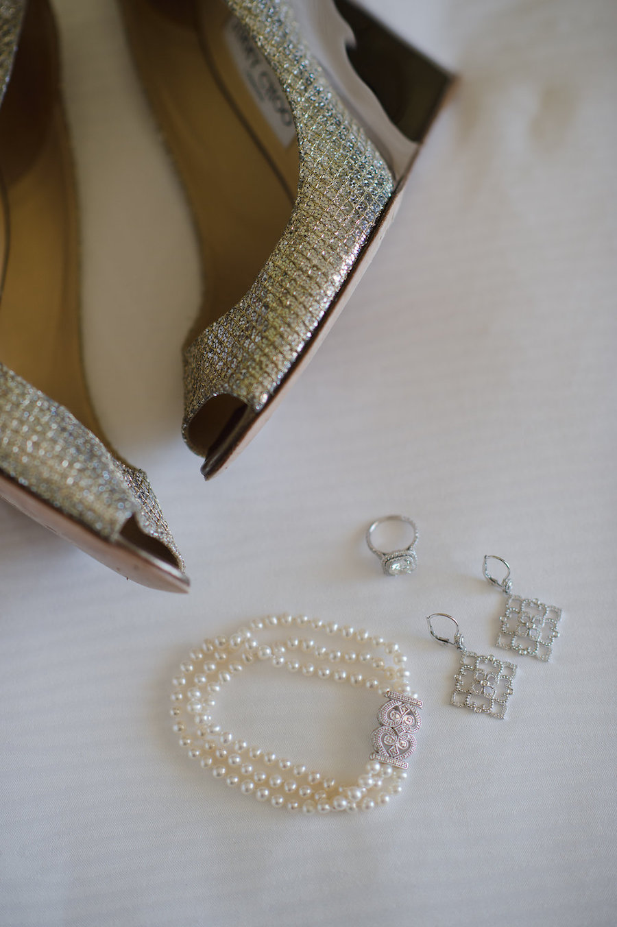 Silver Wedding Wedges Shoes, Pearl Bracelet and Diamond Earring Jewelry