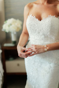 Bridal Getting Ready Wedding Portrait in White Sweetheart Strapless Lace Pronovias Wedding Dress