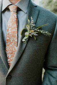 Greenery and Lavender Wedding Boutonniere with Orange Groomsmen Tie | Retro Vintage Boho Wedding Inspiration | Tampa Wedding Florist Northside Florist