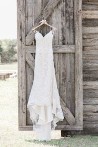 Lace Open Back Wedding Dress with Spaghetti Straps on Barn Door | Rustic, Country Wedding Inspiration