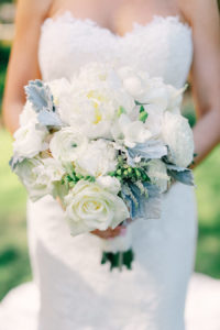 Bridal Wedding Portrait in White Sweetheart Strapless Lace Pronovias Wedding Dress with Ivory, White and Greenery Bridal Wedding Bouquet