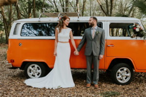 Bride and Groom Wedding Portrait with Orange VW Bus | Retro Vintage Boho Wedding Inspiration | Planner Glitz Events | Outdoor Venue Casa Lantana