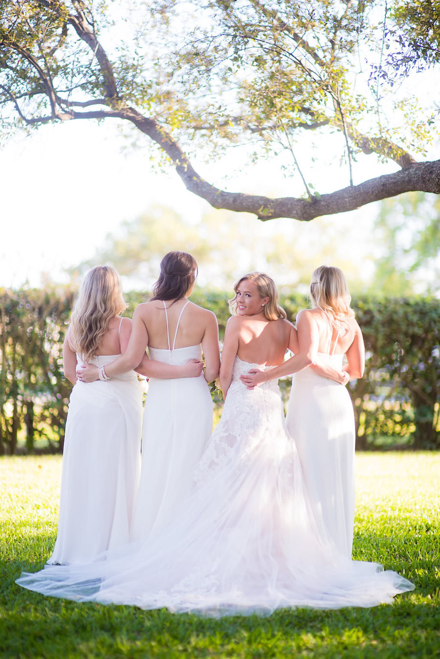 Bridal Party Wedding Portrait in Ivory Hayley Paige Bridesmaids Dresses and Ivory Lace and Tulle Alvina Valenta Wedding Dress | Tampa Wedding Photographer Kera Photography