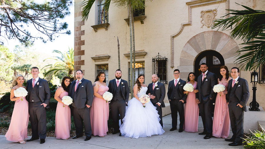 Bridal Party Wedding Portrait with Bride and Groom with Blush Pink Bridesmaids Dresses | Sarasota Wedding Photographer Grind and Press Photography | Hair and Makeup Michele Renee The Studio