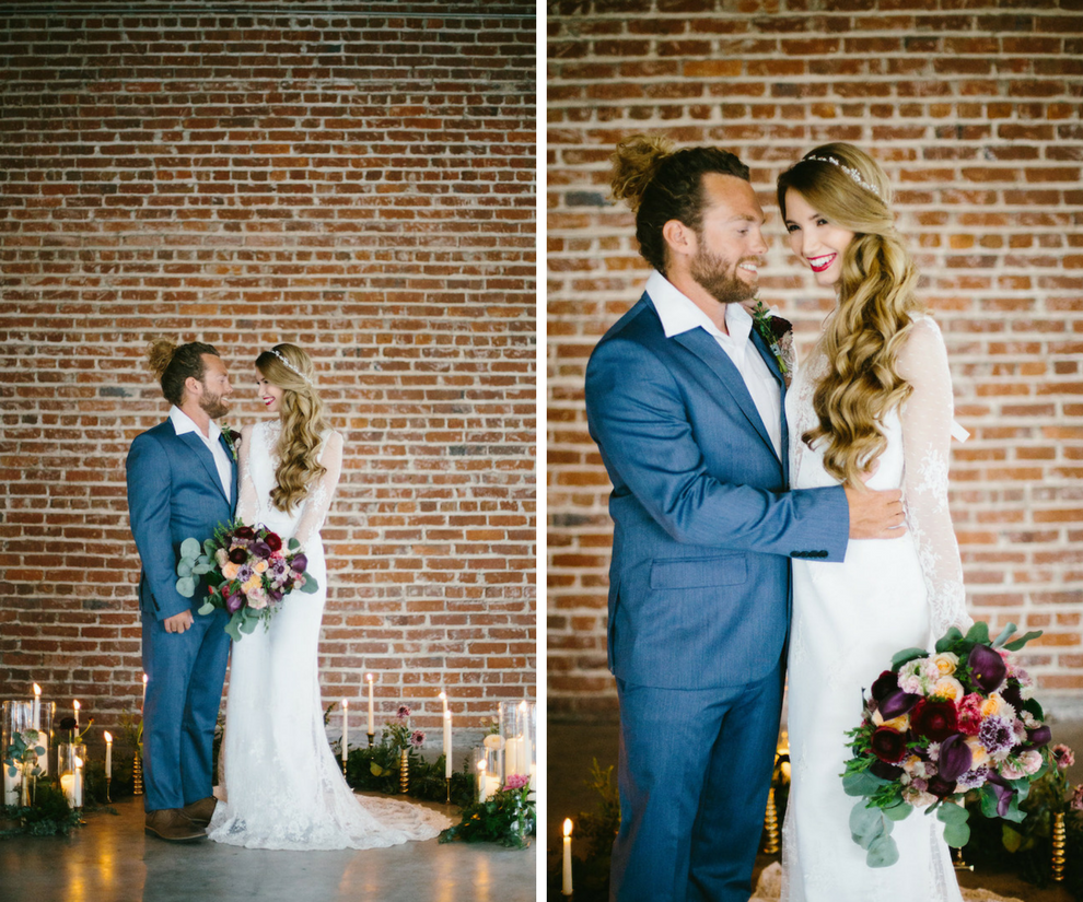 Modern Bohemian Inspired Wedding Styled Shoot Portrait of Bride in Long Sleeve Lace Isabel O'Neil Bridal Collection Wedding Gown and Groom in Grey Suit | Modern Wedding Decor for Exposed Brick Wall Venue | Tampa Bay Wedding Planner Glitz Events