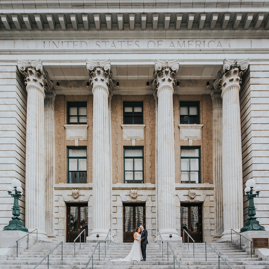 Bride and Groom Wedding Portrait in front of old Courthouse | Downtown Tampa Wedding Photographer Rad Red Creative