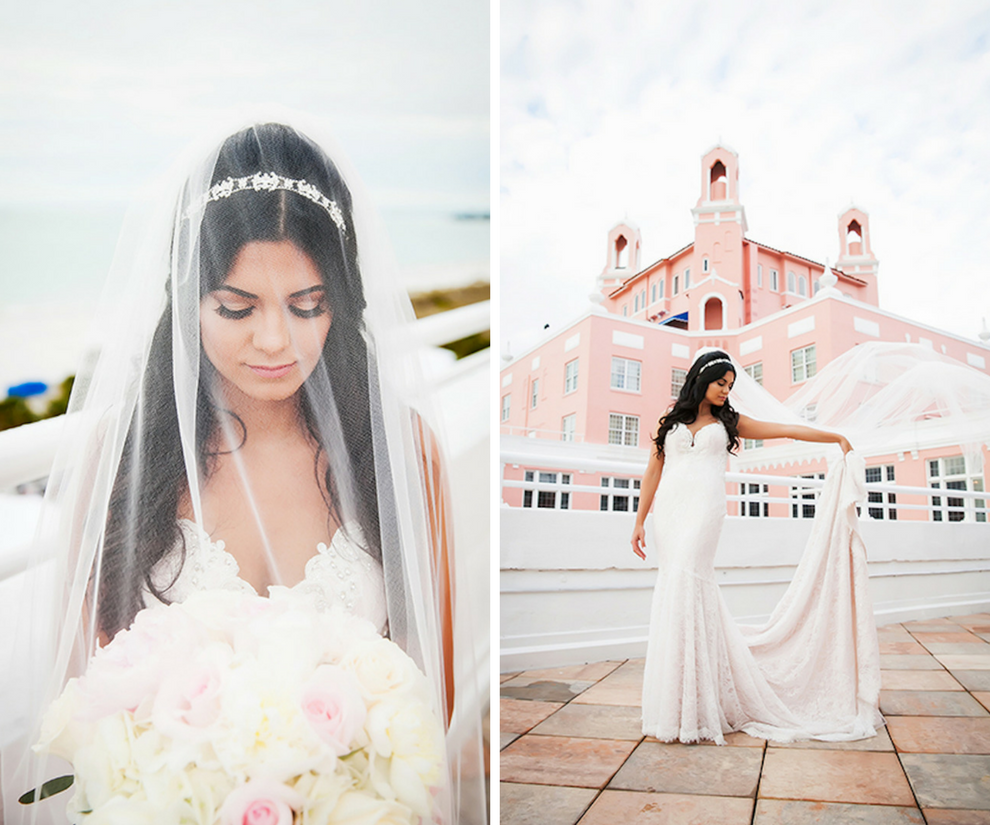 Bridal Portrait in White Lace Mermaid Sweetheart Wedding Dress with Ivory and Light Pink Rose Wedding Bouquet at Wedding Venue The Don Cesar | St Petersburg Wedding Photographer Limelight Photography