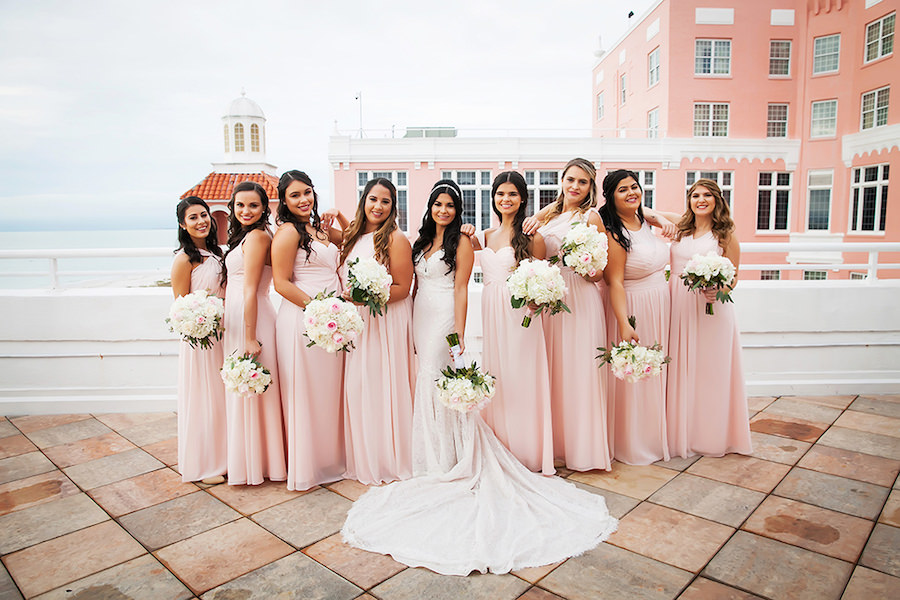 St Petersburg Bridal Party in Blush Pink Chiffon Bridesmaid Dresses and White Lace Mermaid Sweetheart Wedding Dress at Wedding Venue The Don Cesar | St Petersburg Wedding Photographer Limelight Photography
