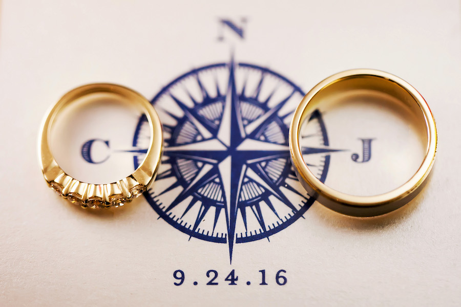 Gold Wedding Ring Bands with Blue Nautical Wedding Monogram