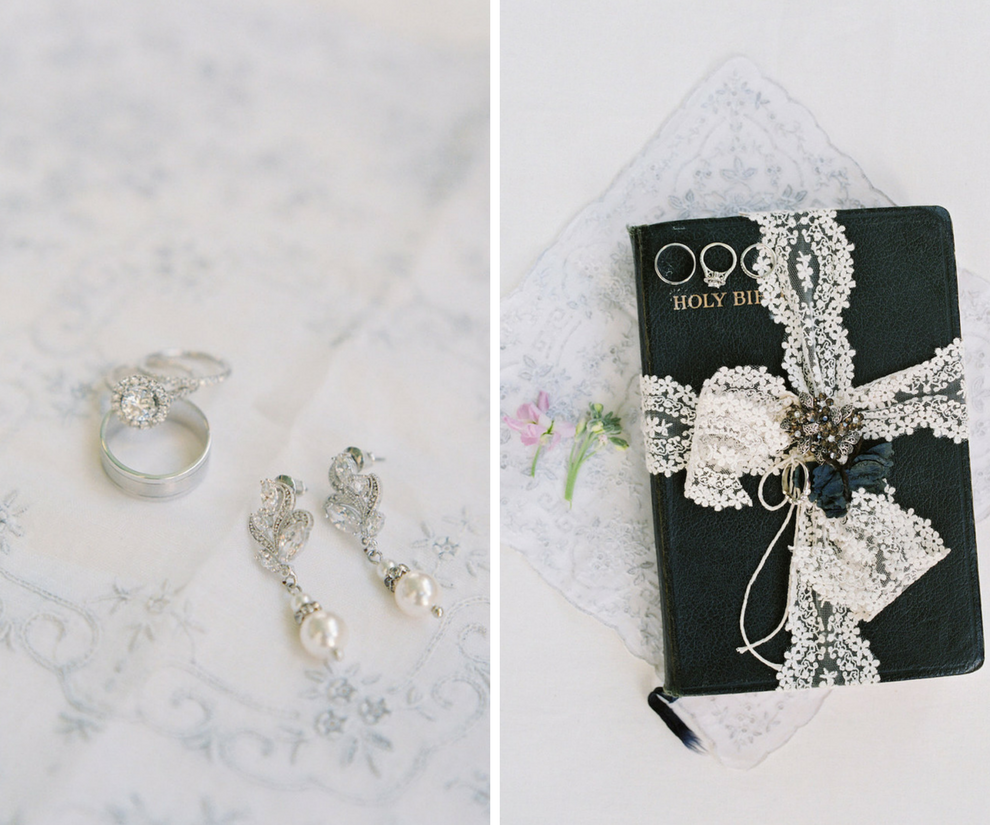 Bridal Jewelry: Diamond Earrings and Engagement Wedding Ring on Bible with Lace Ribbon