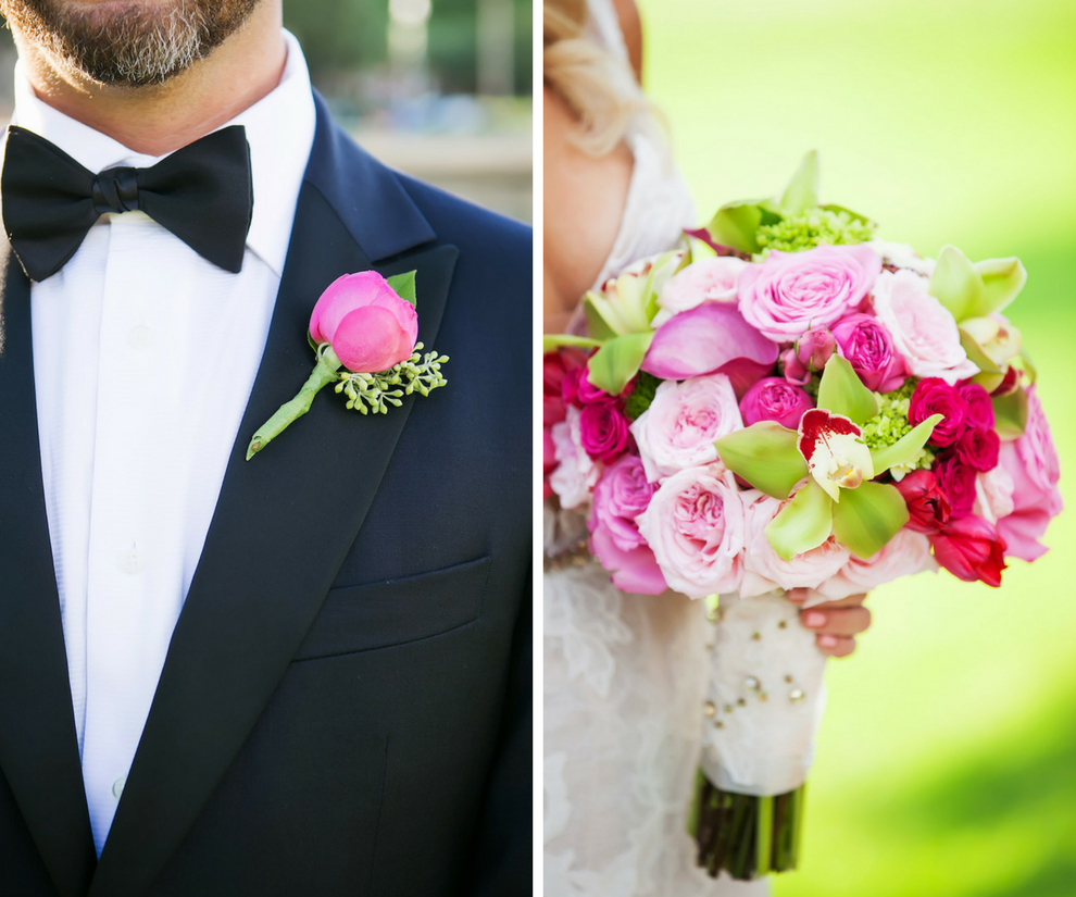 Groom Black Tie Tuxedo with Pink Boutonnière and Pink and Bright Hot Pink and Green Wedding Bouquet