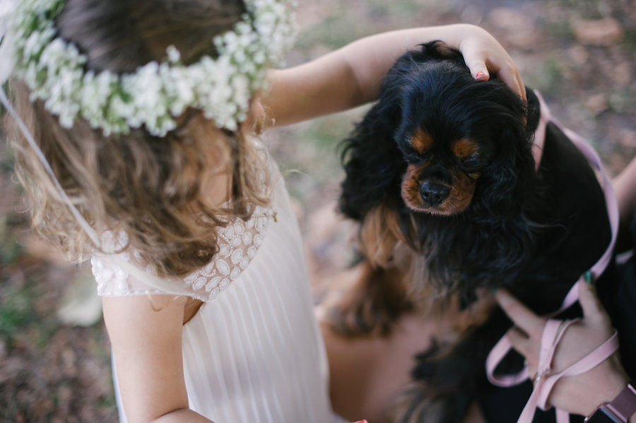Flower Girl with Floral Crown and Puppy Outdoor Wedding Portrait