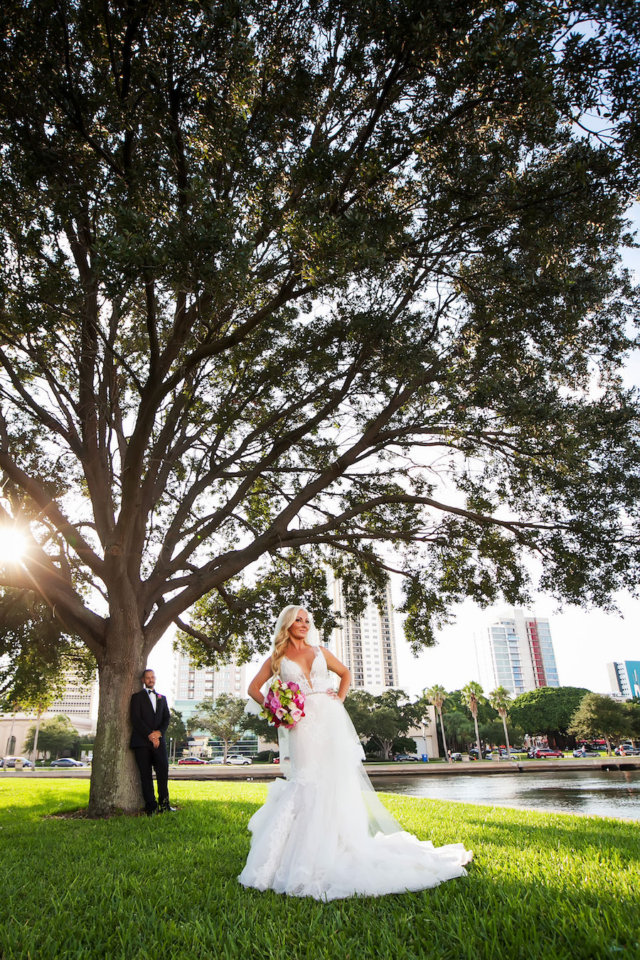 Bridal Wedding Portrait with Pnina Tornai Wedding Dress and Pink and Green Wedding Bouquet | Downtown St. Pete Wedding Photographer Limelight Photography