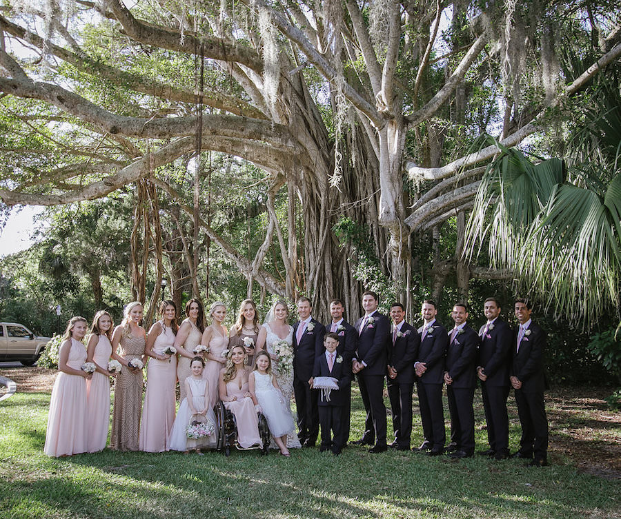Bridal Party in Blush Pink Mis-Matched Bridesmaids Dresses and Bride Portrait on Wedding Day with Lace Sweetheart Wedding Dress by Reem Acra from Sarasota Bridal Shop Calvet Couture Bridal (formerly Blush Bridal Sarasota)
