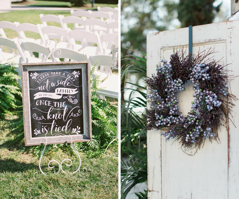 Outdoor Romantic Rustic Inspired Wedding Ceremony with Chalkboard Sign and White Folding Chairs