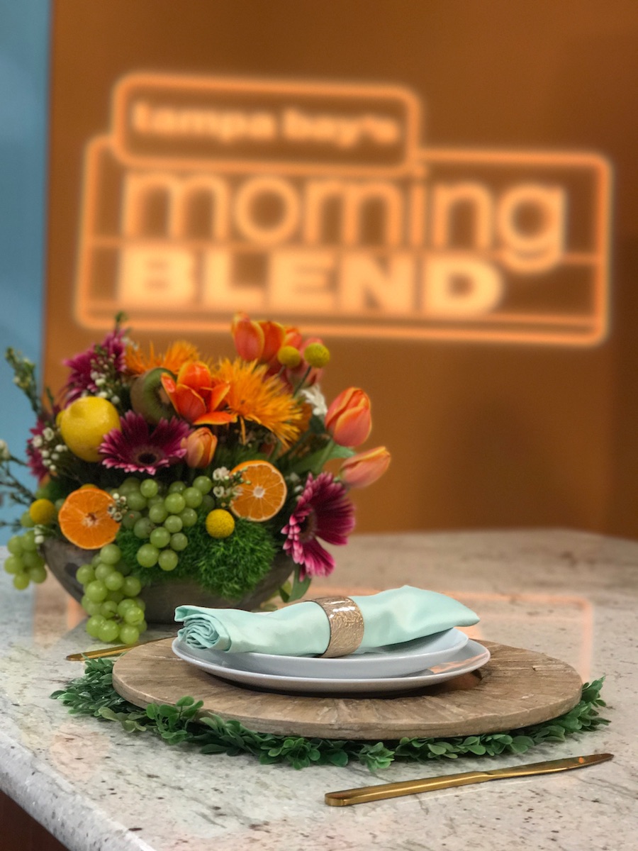 Colorful Summer Wedding Centerpiece and Wooden Charger with Mint Green Napkin | Tampa Bay Wedding Decor Gabro Event Services