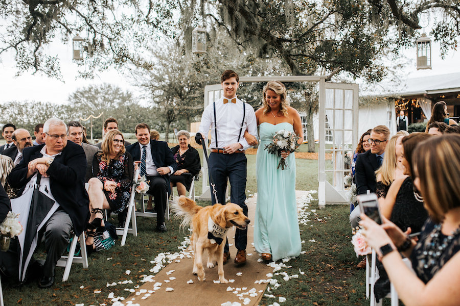 Florida, Outdoor Rustic Wedding Ceremony Bridesmaid and Groomsmen with Dog Portrait | Rustic Florida Wedding Venue Cross Creek Ranch