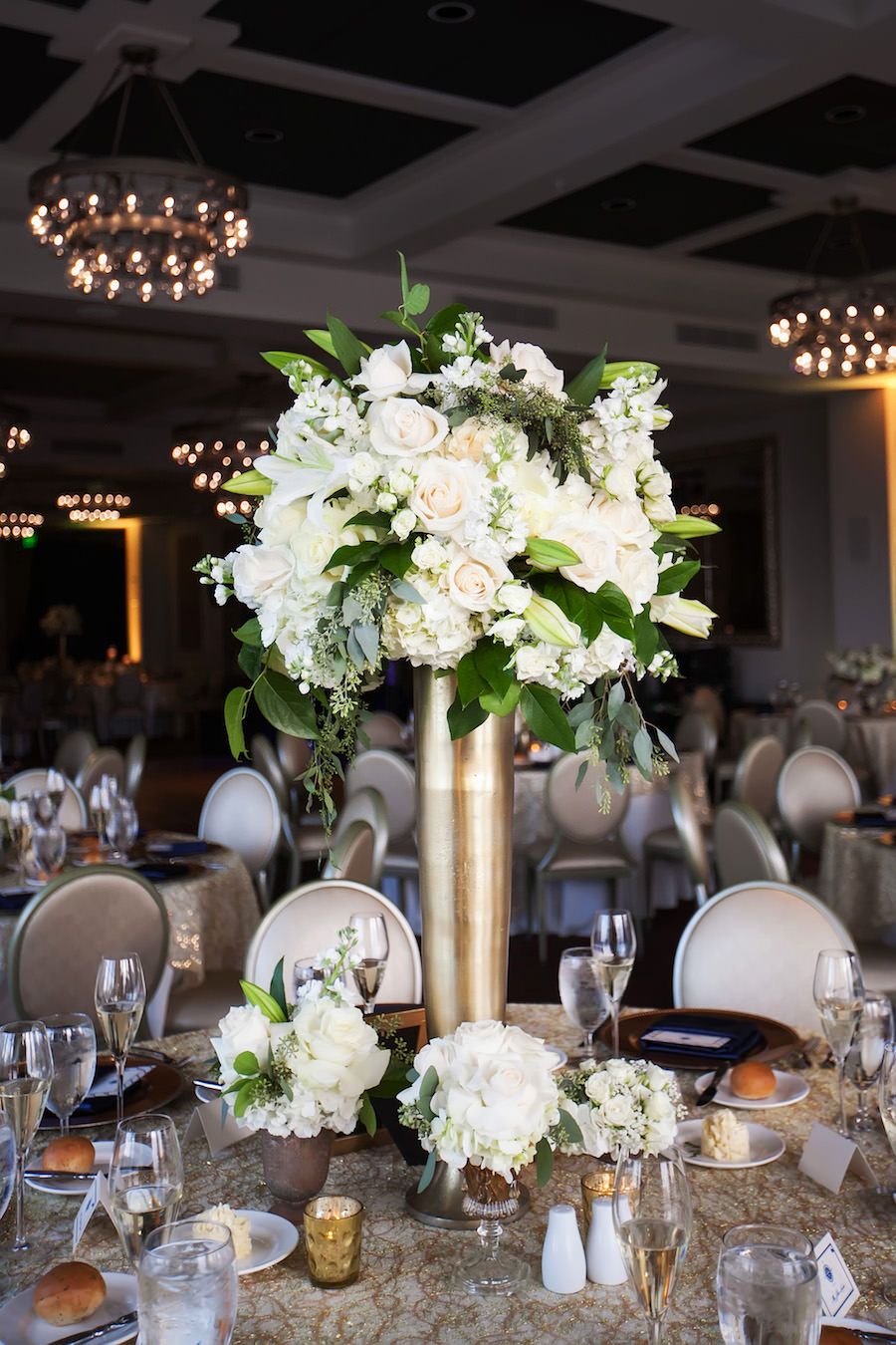 Tall White, Green and Gold Elegant Wedding Reception Centerpiece Flowers Decor | St. Petersburg Wedding Planner Parties a la Carte