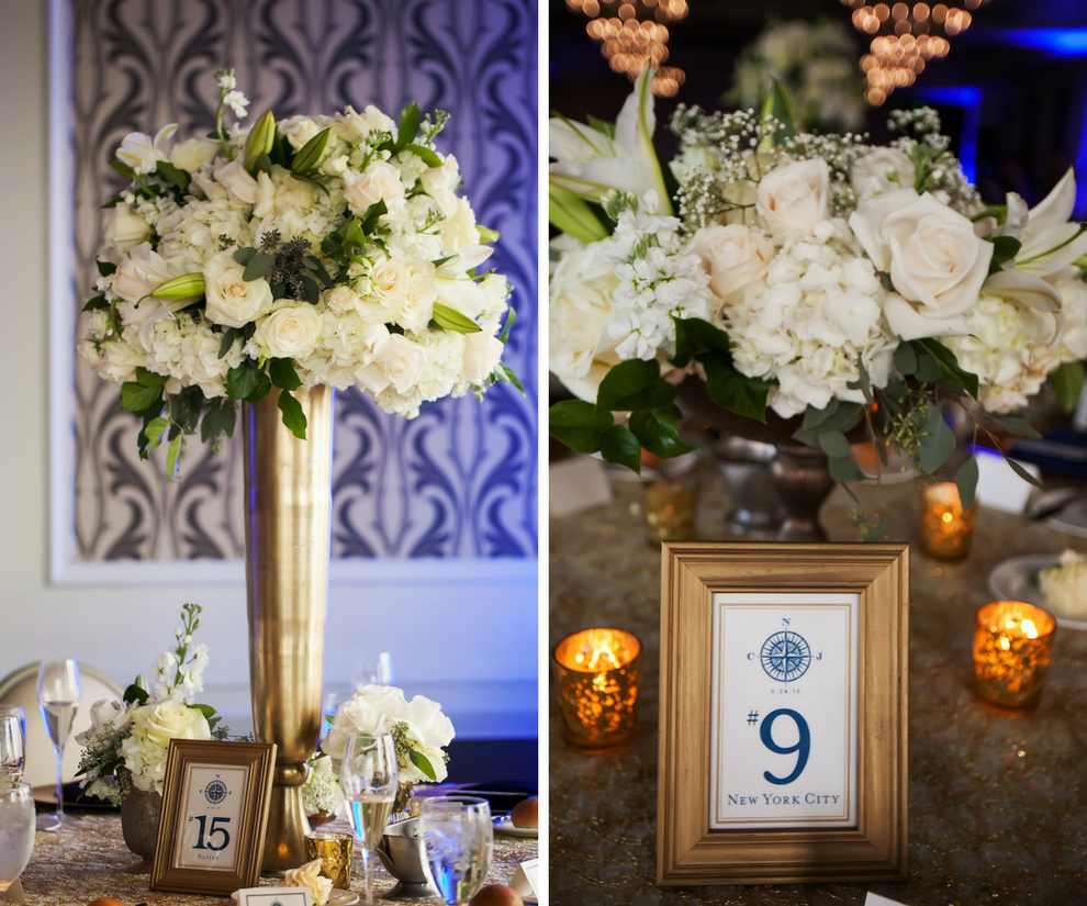 Tall White, Green and Gold Elegant Wedding Reception Centerpiece Flowers Decor with Nautical Navy Blue Table Numbers | St. Petersburg Wedding Planner Parties a la Carte