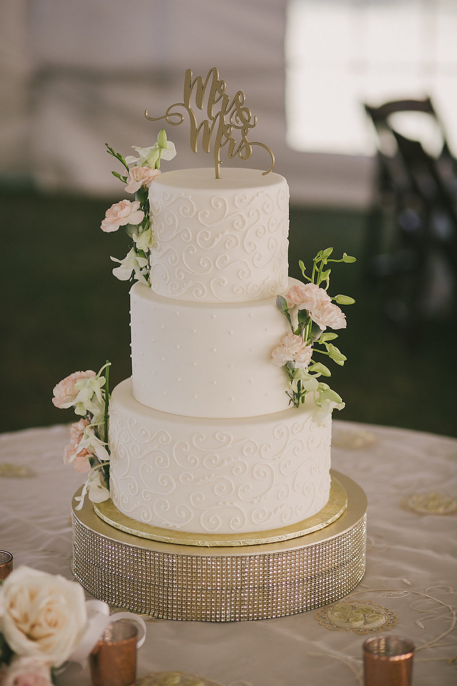 Elegant, Traditional White Three Tier Round Wedding Cake with Mr. Mrs Cake Topper and Blush Pink Flowers