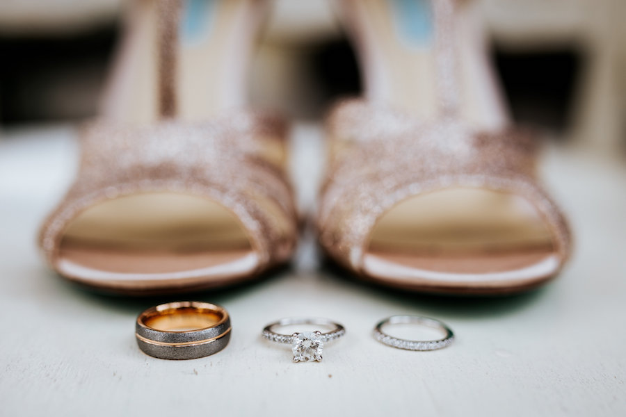 Bridal Engagement Ring and Wedding Rings Portrait with Betsey Johnson Glitter Sparkle Champagne Strappy Wedding Heels