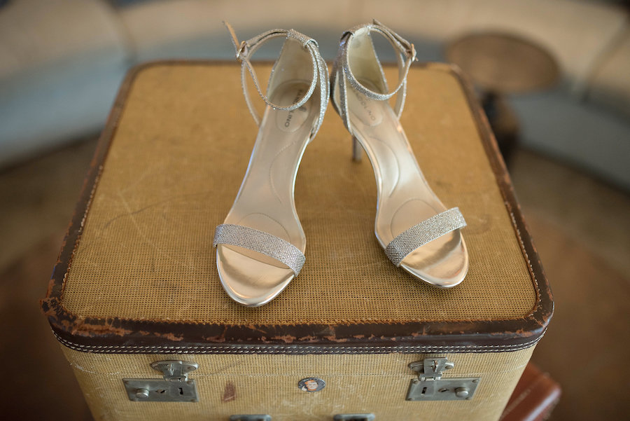 Vintage Suitcase and Silver Open Toe Strappy Wedding Shoes