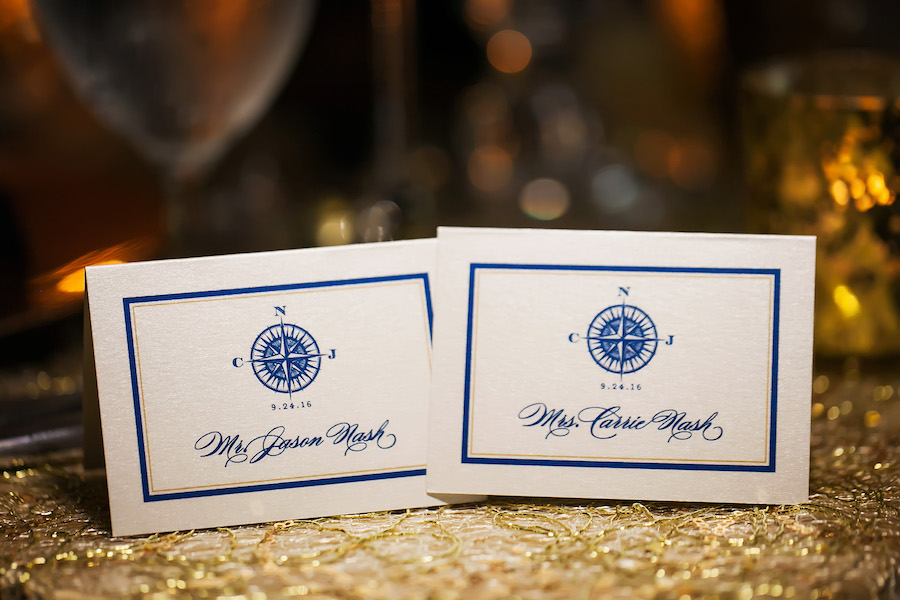 Nautical Navy Blue and Gold Place Seating Card with | Elegant Wedding Reception Decor