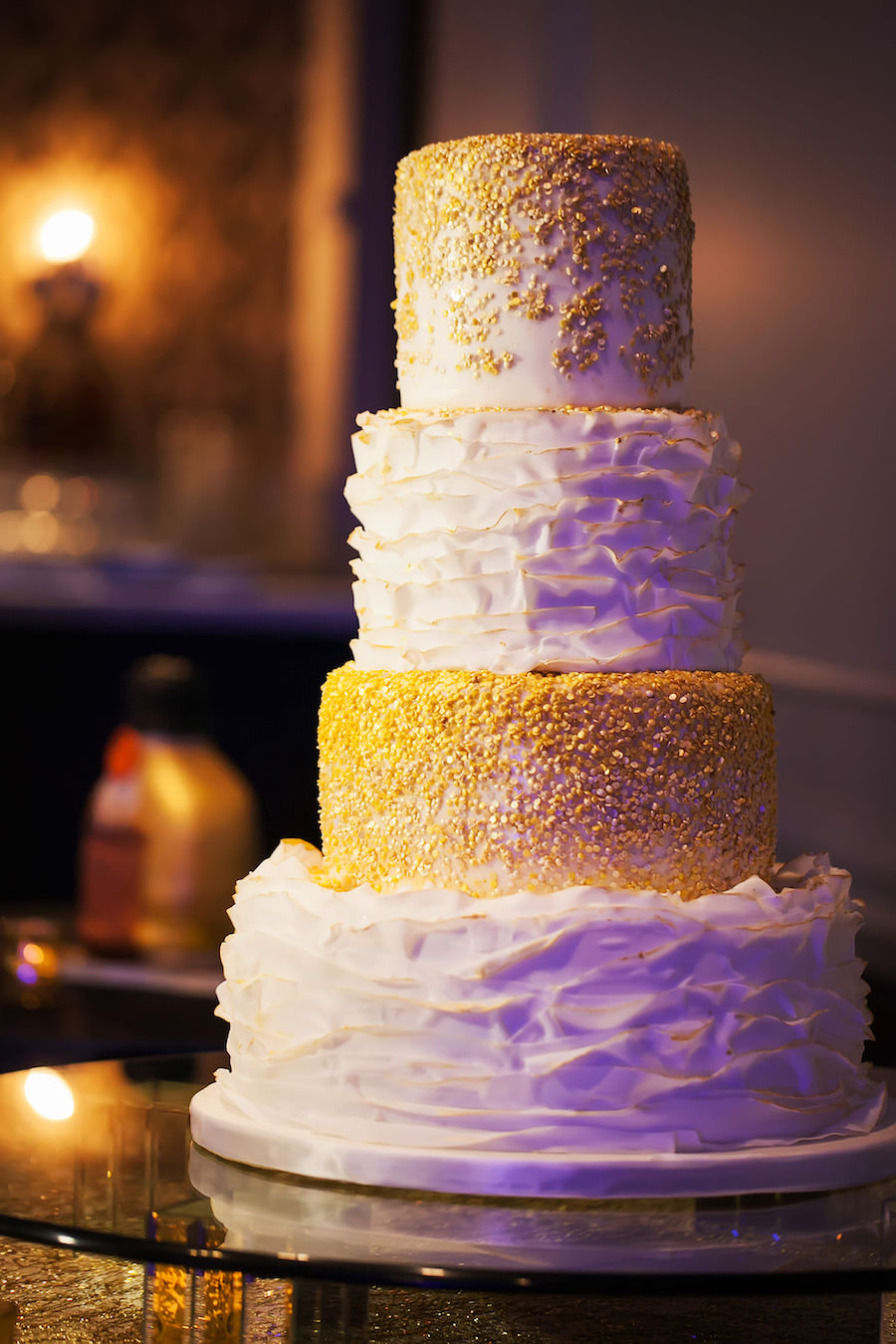 4-Tier White and Gold Sequined Wedding Cake